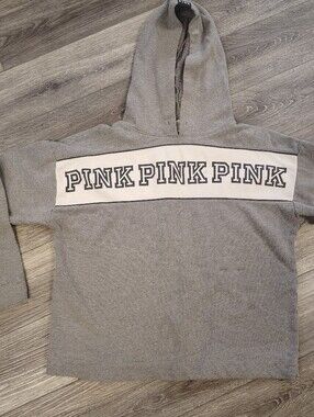 PINK Victoria's Secret Gray Hooded Sweatshirt with White Logo Panel Size Medium